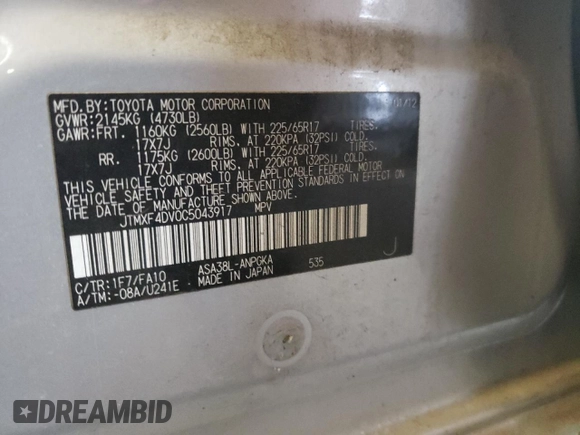 2012 Toyota RAV4 with VIN JTMXF4DV0C5043917, listed as a Copart auction lot 49664405 with 214,259 mi miles and Salvage title. Bid and sale history available at DreamBid. Image 13.