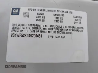 2004 Chevrolet Impala with VIN 2G1WF52K049200451, listed as a IAAI auction lot 41964315 with 260,976 mi miles and . Bid and sale history available at DreamBid. Image 9.