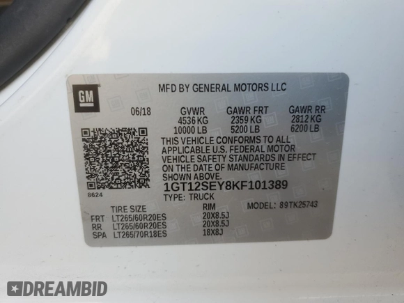 2019 GMC Sierra 2500HD Denali with VIN 1GT12SEY8KF101389, listed as a Copart auction lot 43458535 with 199,041 mi miles and Salvage Title. Bid and sale history available at carsss.com. Image 12.