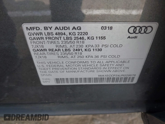 2018 Audi Q3 Premium with VIN WA1ECCFS4JR029578, listed as a IAAI auction lot 41920030 with 81,508 mi miles and . Bid and sale history available at DreamBid. Image 9.