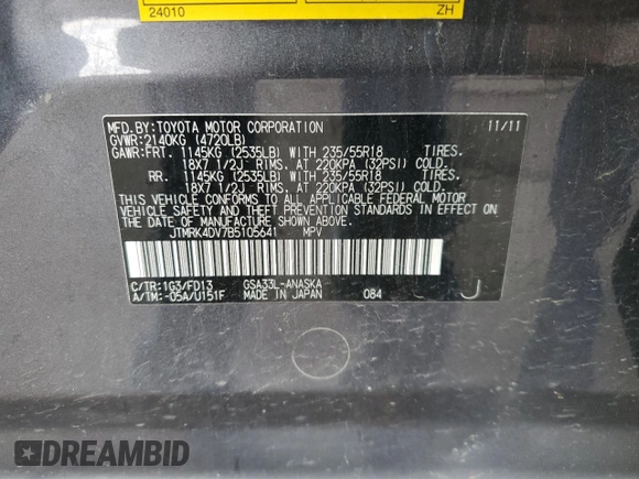 2011 Toyota RAV4 Sport z VIN JTMRK4DV7B5105641, wystawiony jako Copart lot #57443675 z przebiegiem 79 798 mil mil oraz Szkoda całkowita • Salvage title. Historia ofert i sprzedaży dostępna na DreamBid. Obrazek 13.