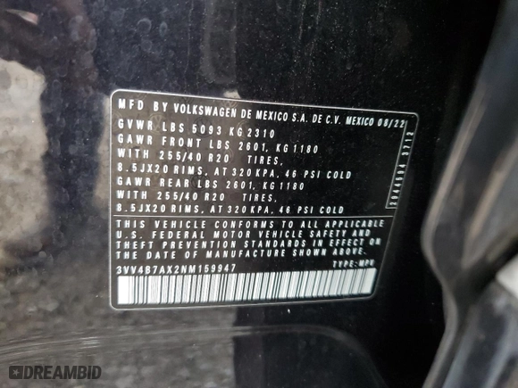 2022 Volkswagen Tiguan SEL R-Line with VIN 3VV4B7AX2NM159947, listed as a Copart auction lot 45084835 with 45,598 mi miles and Salvage Title. Bid and sale history available at carsss.com. Image 15.