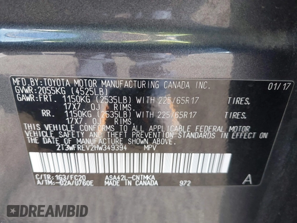2017 Toyota RAV4 XLE with VIN 2T3WFREV2HW349394, listed as a IAAI auction lot 42194908 with 122,519 mi miles and . Bid and sale history available at DreamBid. Image 9.
