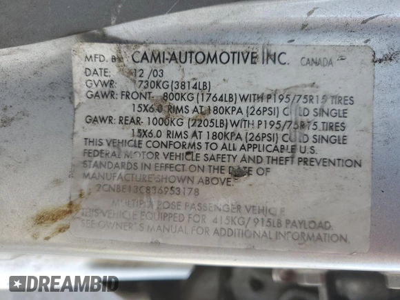 2003 Chevrolet Tracker with VIN 2CNBE13C836953178, listed as a Copart auction lot 60715605 with 128,978 mi miles and Salvage title. Bid and sale history available at DreamBid. Image 14.
