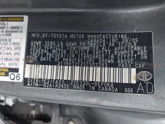 2005 Toyota Corolla CE with VIN 2T1BR32EX5C502293, listed as a IAAI auction lot 41969972 with 180,981 mi miles and . Bid and sale history available at DreamBid. Image 9.
