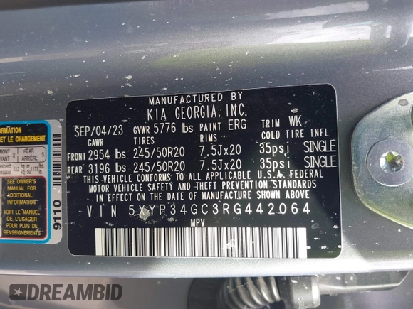 2024 Kia Telluride EX with VIN 5XYP34GC3RG442064, listed as a IAAI auction lot 41731887 with 35,835 mi miles and . Bid and sale history available at DreamBid. Image 9.