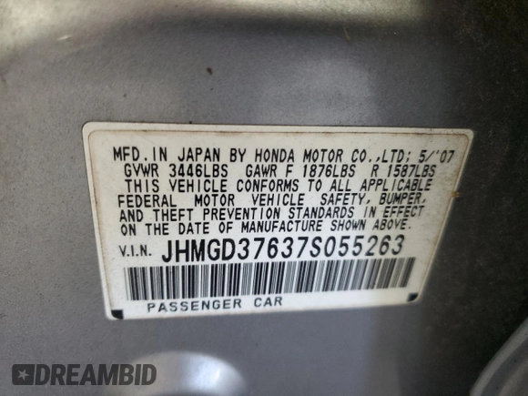 2007 Honda Fit Sport with VIN JHMGD37637S055263, listed as a Copart auction lot 65892135 with 347,782 mi miles and Salvage title. Bid and sale history available at DreamBid. Image 12.