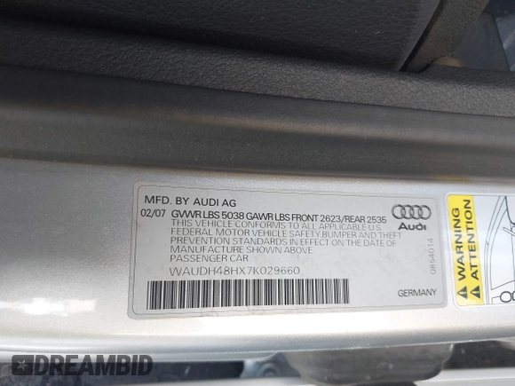 2007 Audi A4 3.2L with VIN WAUDH48HX7K029660, listed as a IAAI auction lot 42554724 with 128,445 mi miles and . Bid and sale history available at DreamBid. Image 9.