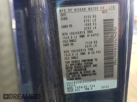 2013 Nissan NV200 SV with VIN 3N6CM0KN5DK694092, listed as a Copart auction lot 42120445 with 135,673 mi miles and Salvage title. Bid and sale history available at DreamBid. Image 13.