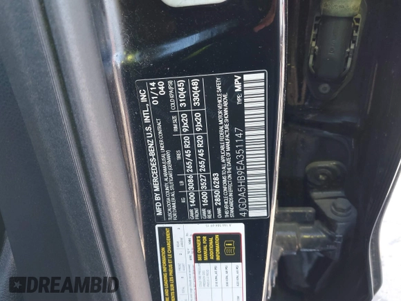 2014 Mercedes-Benz M ML 350 with VIN 4JGDA5HB9EA351147, listed as a IAAI auction lot 41364737 with 106,723 mi miles. Bid and sale history available at carsss.com. Image 9.