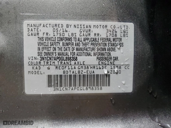 2016 Nissan Versa S Plus with VIN 3N1CN7AP0GL898358, listed as a Copart auction lot 85891614 with 55,156 mi miles and Salvage Title. Bid and sale history available at carsss.com. Image 12.