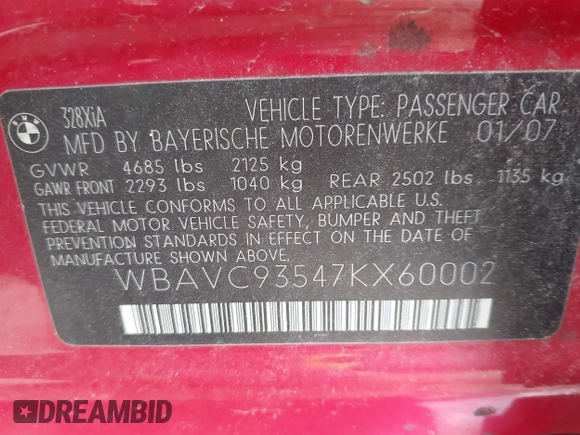 2007 BMW 3 Series 328xi with VIN WBAVC93547KX60002, listed as a IAAI auction lot 42671666 with 162,321 mi miles and . Bid and sale history available at DreamBid. Image 9.