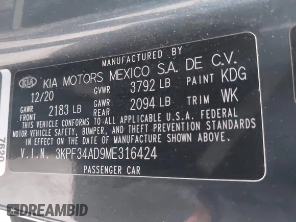 2021 Kia Forte GT-Line z VIN 3KPF34AD9ME316424, wystawiony jako IAAI lot #41467687 z przebiegiem 86 059 mil mil oraz . Historia ofert i sprzedaży dostępna na DreamBid. Obrazek 9.
