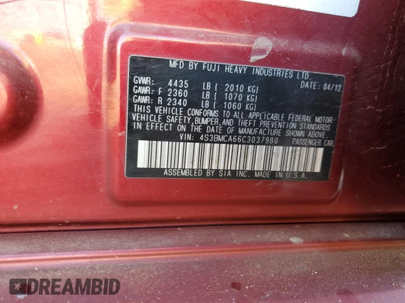 2012 Subaru Legacy 2.5i with VIN 4S3BMCA66C3037980, listed as a Copart auction lot 84121144 with 191,177 mi miles and Salvage Title. Bid and sale history available at carsss.com. Image 14.