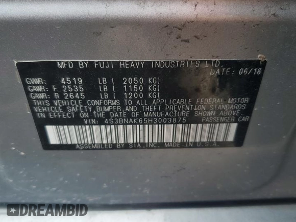 2017 Subaru Legacy Limited with VIN 4S3BNAK65H3003875, listed as a Copart auction lot 59279294 with 65,927 mi miles and Salvage Title. Bid and sale history available at DreamBid. Image 12.