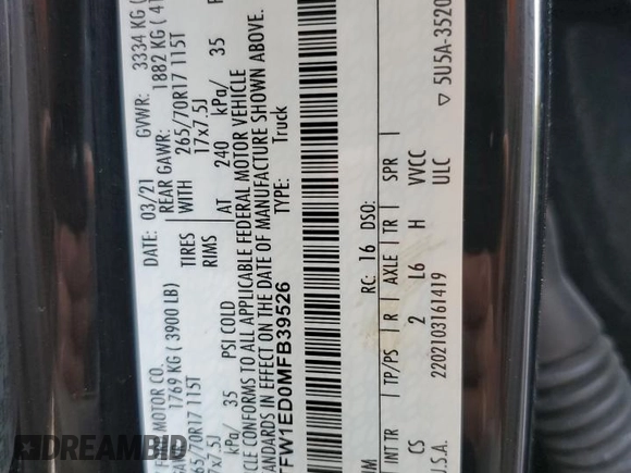2021 Ford F-150 XL with VIN 1FTFW1ED0MFB39526, listed as a Copart auction lot 70290404 with 65,581 mi miles and Salvage Title. Bid and sale history available at carsss.com. Image 12.