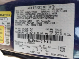 2015 Ford Fusion SE with VIN 1FA6P0H76F5124430, listed as a IAAI auction lot 42128767 with 249,589 mi miles and . Bid and sale history available at DreamBid. Image 9.