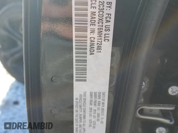 2022 Dodge Charger R/T with VIN 2C3CDXCT6NH172461, listed as a Copart auction lot 88461965 with 36,548 mi miles and Salvage Title. Bid and sale history available at DreamBid. Image 12.