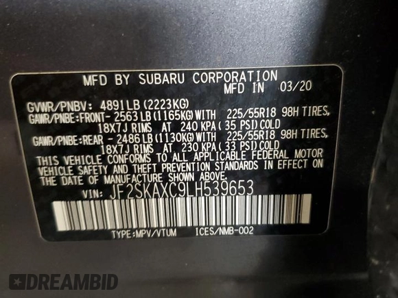 2020 Subaru Forester Touring с VIN JF2SKAXC9LH539653, выставлен на аукционе Copart как лот 60162405 с пробегом 94 061 миль миль и Списание • Salvage title. История ставок и продаж доступна на DreamBid. Изображение 14.