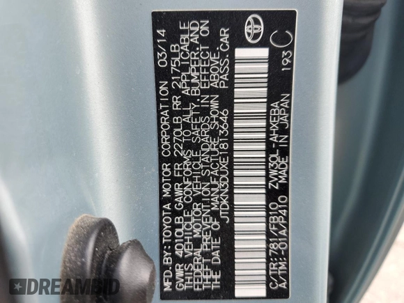 2014 Toyota Prius Four with VIN JTDKN3DUXE1813646, listed as a Copart auction lot 49413175 with 0 mi miles and Salvage Title. Bid and sale history available at carsss.com. Image 13.