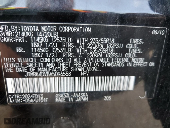 2010 Toyota RAV4 Sport z VIN JTMRK4DV8A5096558, wystawiony jako Copart lot #52079905 z przebiegiem 122 448 mil mil oraz Czysty tytuł • Clean title. Historia ofert i sprzedaży dostępna na DreamBid. Obrazek 13.