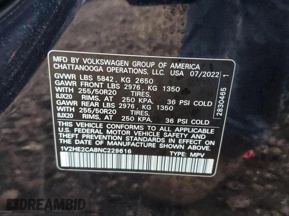 2022 Volkswagen Atlas SE with VIN 1V2HE2CA8NC229616, listed as a Copart auction lot 84722384 with 26,570 mi miles and Salvage title. Bid and sale history available at DreamBid. Image 14.