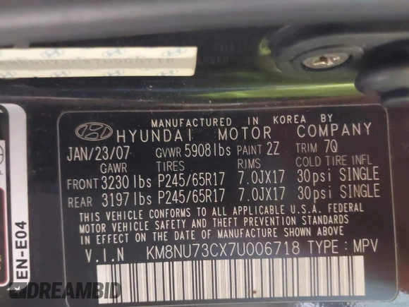 2007 Hyundai Veracruz GLS with VIN KM8NU73CX7U006718, listed as a IAAI auction lot 41407609 with Not Provided miles and . Bid and sale history available at DreamBid. Image 9.