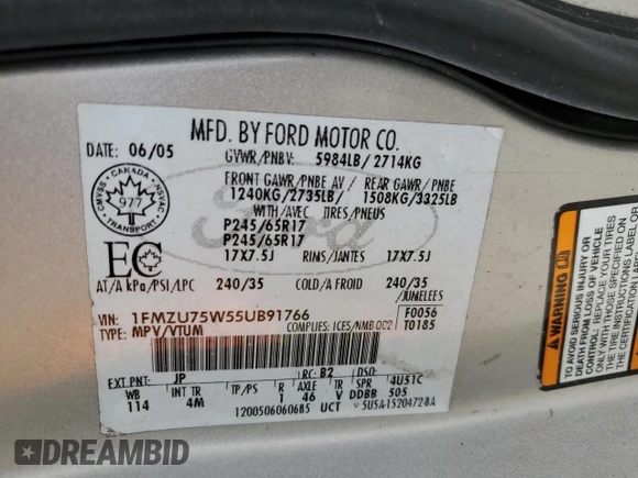 2005 Ford Explorer Limited с VIN 1FMZU75W55UB91766, выставлен на аукционе Copart как лот 46377805 с пробегом Не указан миль и Списание • Salvage title. История ставок и продаж доступна на DreamBid. Изображение 14.