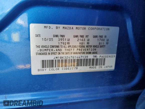 2006 Mazda 3 s with VIN JM1BK324761447139, listed as a Copart auction lot 59332535 with 161,849 mi miles and Salvage title. Bid and sale history available at DreamBid. Image 12.