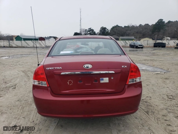 2009 Kia Spectra EX with VIN KNAFE222995661299, listed as a Copart auction lot 45813955 with 0 mi miles and Salvage Title. Bid and sale history available at carsss.com. Image 6.