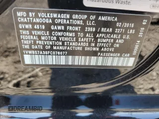 2015 Volkswagen Passat SE with VIN 1VWBS7A35FC076077, listed as a Copart auction lot 46589295 with 76,419 mi miles and Salvage title. Bid and sale history available at DreamBid. Image 13.