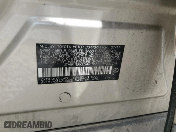 2011 Lexus ES 330 with VIN JTHBK1EG6B2461868, listed as a Copart auction lot 54871755 with Not Provided miles and Salvage Title. Bid and sale history available at DreamBid. Image 12.