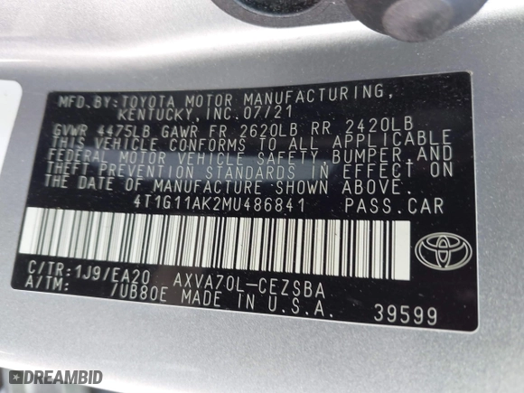 2021 Toyota Camry SE Nightshade with VIN 4T1G11AK2MU486841, listed as a IAAI auction lot 41888808 with 74,951 mi miles. Bid and sale history available at carsss.com. Image 9.