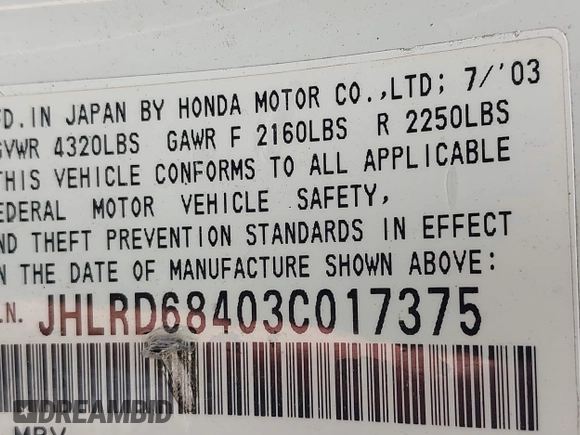 2003 Honda CR-V LX z VIN JHLRD68403C017375, wystawiony jako IAAI lot #42237124 z przebiegiem 172 054 mil mil oraz . Historia ofert i sprzedaży dostępna na DreamBid. Obrazek 9.