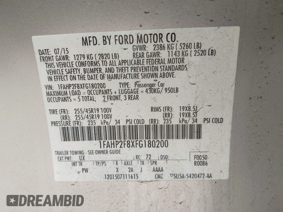 2015 Ford Taurus Limited with VIN 1FAHP2F8XFG180200, listed as a IAAI auction lot 41897113 with Not provided miles and . Bid and sale history available at DreamBid. Image 9.
