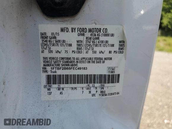 2015 Ford F-250 XLT с VIN 1FTBF2B65FEC49183, выставлен на аукционе Copart как лот 65207195 с пробегом 279 562 миль миль и Списание • Salvage title. История ставок и продаж доступна на DreamBid. Изображение 12.