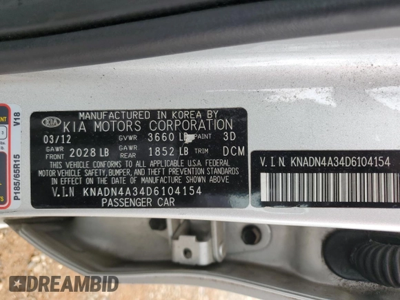 2013 Kia Rio EX with VIN KNADN4A34D6104154, listed as a Copart auction lot 60482575 with 125,976 mi miles and Salvage title. Bid and sale history available at DreamBid. Image 13.