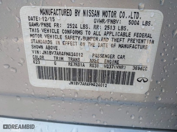 2015 Infiniti Q50 Premium with VIN JN1BV7AR4FM424012, listed as a IAAI auction lot 41821323 with 154,110 mi miles. Bid and sale history available at carsss.com. Image 9.