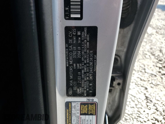 2021 Kia Forte FE with VIN 3KPF24AD2ME341474, listed as a Copart auction lot 61896575 with 77,545 mi miles and Salvage title. Bid and sale history available at DreamBid. Image 12.