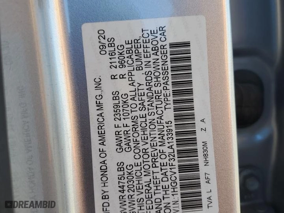 2020 Honda Accord Sedan Sport with VIN 1HGCV1F32LA133915, listed as a Copart auction lot 41491795 with 0 mi miles and Salvage Title. Bid and sale history available at carsss.com. Image 13.