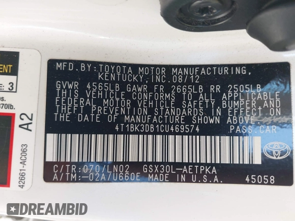 2012 Toyota Avalon with VIN 4T1BK3DB1CU469574, listed as a IAAI auction lot 41633881 with 128,425 mi miles and . Bid and sale history available at DreamBid. Image 9.
