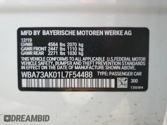 2020 BMW 2 Series 228i xDrive with VIN WBA73AK01L7F54488, listed as a Copart auction lot 47017165 with 63,910 mi miles and Salvage Title. Bid and sale history available at DreamBid. Image 12.