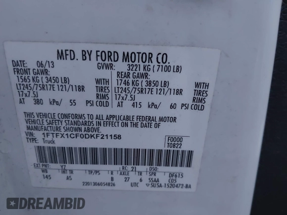2013 Ford F-150 XL with VIN 1FTFX1CF0DKF21158, listed as a IAAI auction lot 41830271 with 311,990 mi miles and . Bid and sale history available at DreamBid. Image 9.