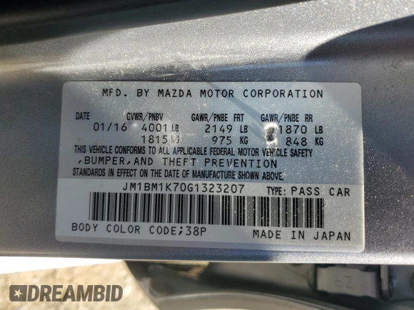 2016 Mazda 3 i Sport with VIN JM1BM1K70G1323207, listed as a Copart auction lot 52296815 with 40,404 mi miles and Salvage Title. Bid and sale history available at DreamBid. Image 14.