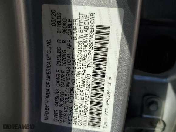 2020 Honda Accord Sedan Sport with VIN 1HGCV1F37LA084100, listed as a Copart auction lot 50262135 with 90,639 mi miles and Non Repairable. Bid and sale history available at carsss.com. Image 12.