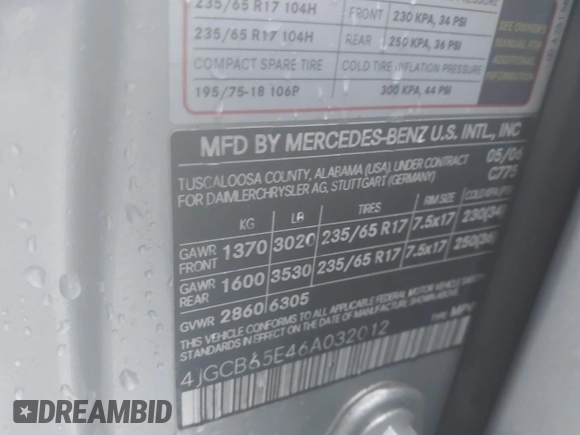 2006 Mercedes-Benz R 3.5L with VIN 4JGCB65E46A032012, listed as a IAAI auction lot 42321103 with Not provided miles and . Bid and sale history available at DreamBid. Image 9.