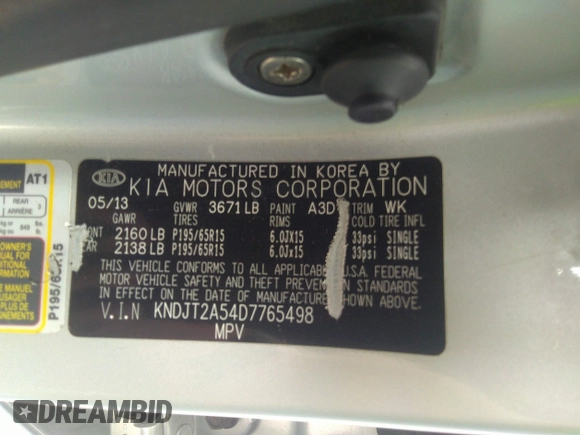 2013 Kia Soul with VIN KNDJT2A54D7765498, listed as a IAAI auction lot 36541193 with 123,835 mi miles and . Bid and sale history available at DreamBid. Image 9.