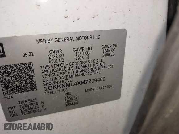 2021 GMC Acadia SLT with VIN 1GKKNML4XMZ209400, listed as a IAAI auction lot 41865093 with 63,947 mi miles. Bid and sale history available at carsss.com. Image 9.