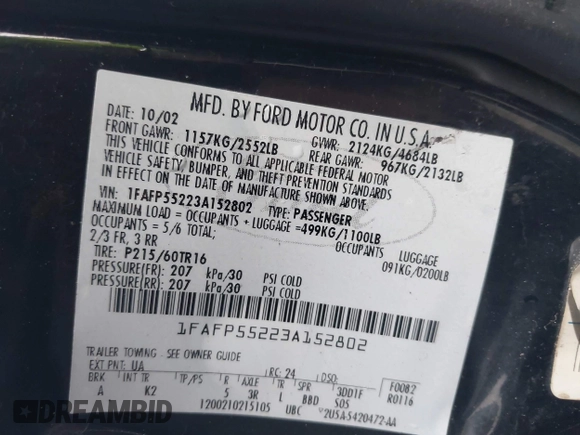2003 Ford Taurus SES Standard with VIN 1FAFP55223A152802, listed as a IAAI auction lot 42390857 with 141,673 mi miles and . Bid and sale history available at DreamBid. Image 9.