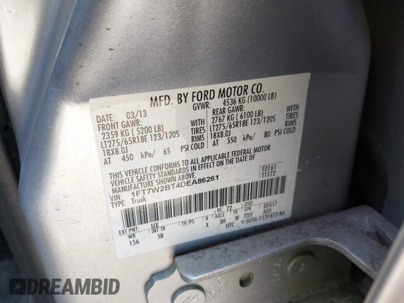 2013 Ford F-250 XL with VIN 1FT7W2BT4DEA86261, listed as a IAAI auction lot 42534072 with Not provided miles and . Bid and sale history available at DreamBid. Image 9.
